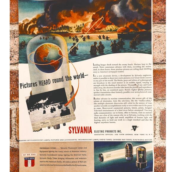 1944 Sylvania "Pictures Heard Round World" WW2 Combat Communication Vtg Print Ad - Picture 1 of 6